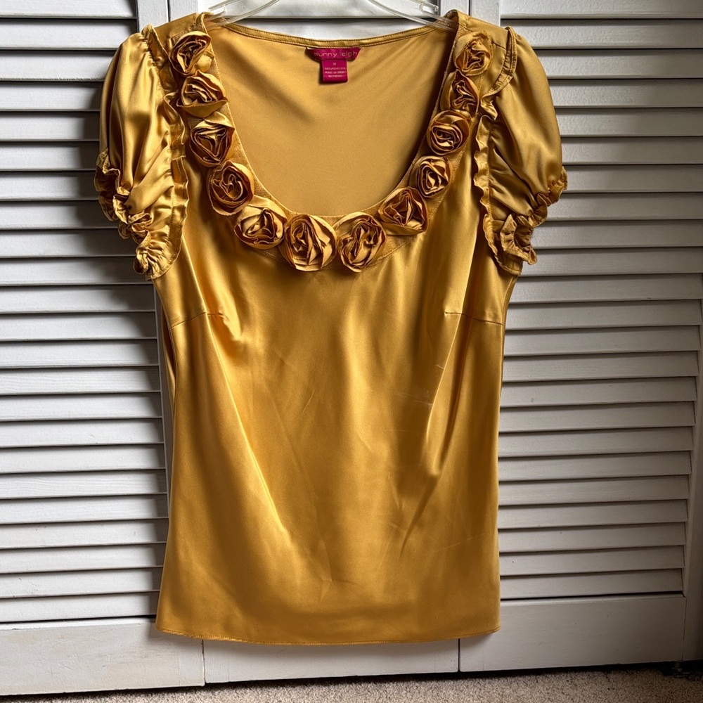 Sunny Leigh Gold Satin Rosette Scoop Neck Blouse